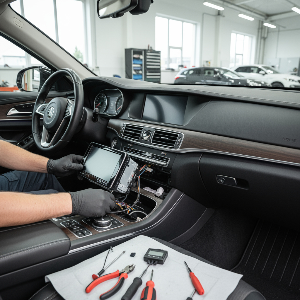 Techniker installiert eine Head-Unit im Fahrzeug